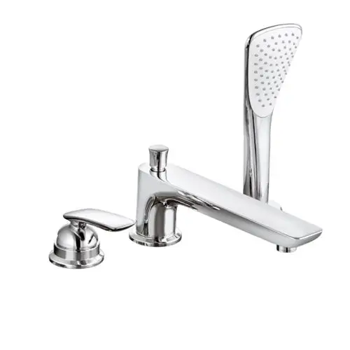 Kludi Wannenfüll- und Brausemischer mit zwei Bedienhebeln und einer Handbrause, alles in verchromter Ausführung, für eine moderne Badgestaltung.